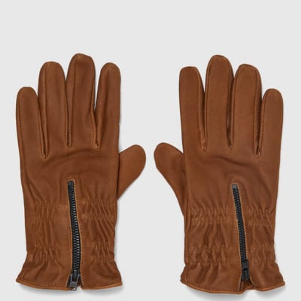 ZARA LEATHER TAN GLOVES ZIP DETAIL BRAND NEW WITH TAGS